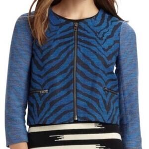 GRYPHON Joy Blazer Jacket Sz M Zebra Animal Print Tweed Full zip Cropped Blue